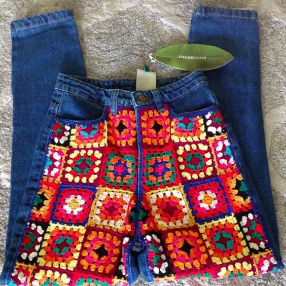 Farm Rio Granny Crochet Squares Jeans Boho Hippie Festival - Picture 6 of 11